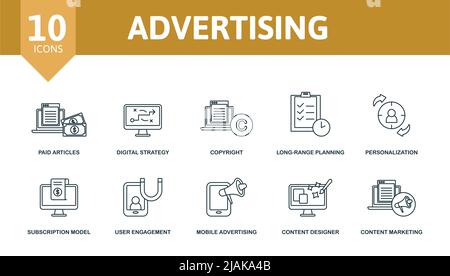 Advertising set icon. Editable icons advertising theme such as paid articles, copyright, personalization and more Stock Vector