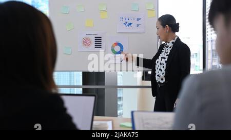 Experienced senior female team leader presenting project research results to business partners team at board room Stock Photo