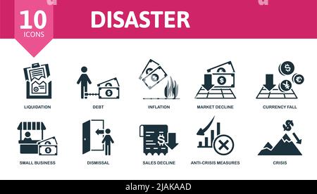 Disaster set icon. Editable icons disaster theme such as liquidation, inflation, currency fall and more. Stock Vector