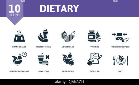 Dietary set icon. Editable icons dietary theme such as smart scales, vegetables, weight loss pills and more. Stock Vector