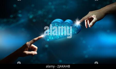 Businessman hands pointing Cloud computing technology internet storage network. Cloud service, Cloud technology, and Cloud storage Concept. Stock Photo