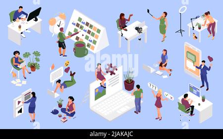 Content manager color set with editor and publisher isometric isolated vector illustration Stock Vector