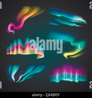 Colorful northern lights of different forms and colors with gradient on dark transparent background isolated vector illustration Stock Vector