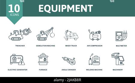 Equipment icon set. Contains editable icons machinery theme such as trencher, mixer truck, multimeter and more. Stock Vector