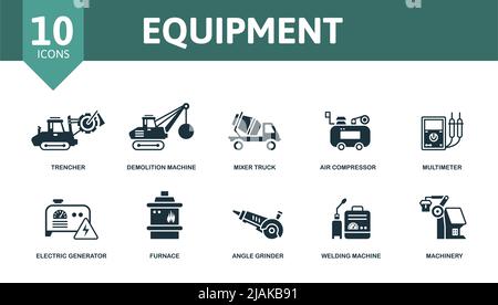 Equipment icon set. Contains editable icons machinery theme such as trencher, mixer truck, multimeter and more. Stock Vector