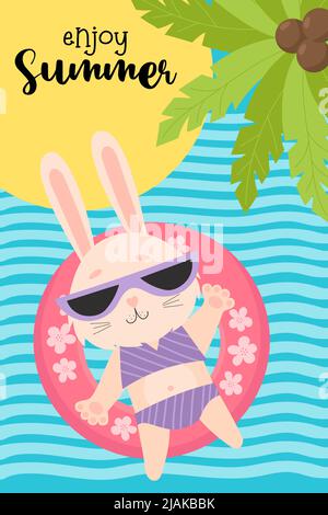 Tropical postcard enjoy summer. cute rabbit in sunglasses floats on waterproof rubber ring under palm trees. Vector illustration. Summer bunny charact Stock Vector