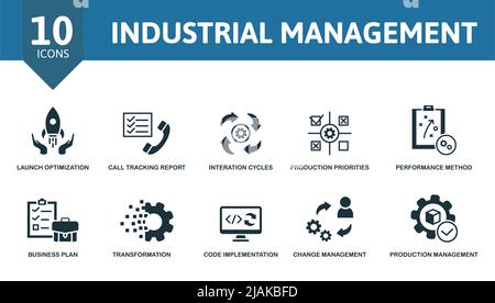 Industrial Management set icon. Editable icons industrial management theme such as launch optimization, interation cycles, performance method and more Stock Vector