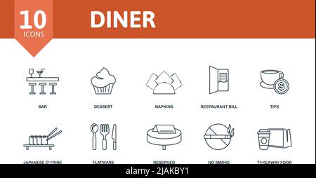 Diner set icon. Editable icons diner theme such as bar, napkins, tips and more. Stock Vector