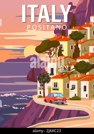 Retro Poster Italy, mediterranean romantic landscape, road, car, mountains, seaside town, sailboat, sea. Retro travel poster Stock Vector