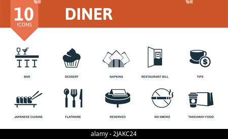 Diner set icon. Editable icons diner theme such as bar, napkins, tips and more. Stock Vector