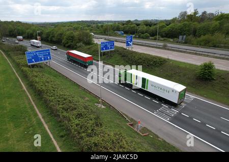 junction of the M25 motorway with the M1 motorway UK drone aerial view Stock Photo