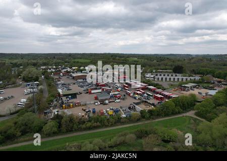 Bus depot  South Mimms Services  junction of the M25 motorway with the M1 motorway UK drone aerial view Stock Photo