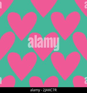 Pink heart on green background seamless pattern. Stock Vector