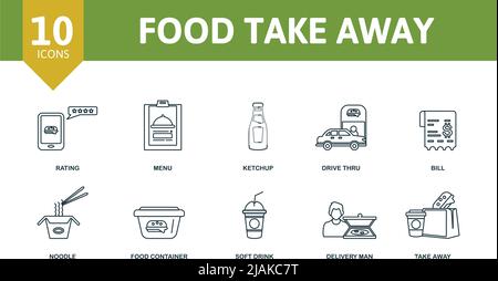 Food Take Away icon set. Contains editable icons take away theme such as burger, coffee cups, location and more. Stock Vector