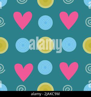 Heart shapes and circles seamless pattern on dark green background Stock Vector