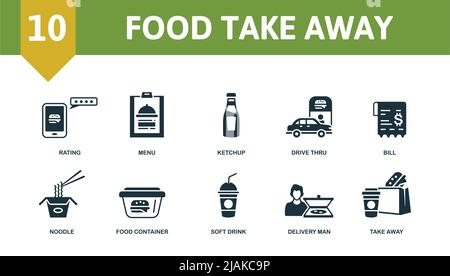 Food Take Away icon set. Contains editable icons take away theme such as burger, coffee cups, location and more. Stock Vector