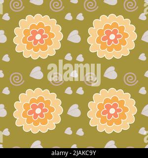 Yellow flowers seamless pattern on green background. Stock Vector