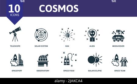 Cosmos set icon. Editable icons cosmos theme such as solar system, alien, spaceport and more. Stock Vector