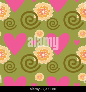Flowers, hearts and spirals on summer green background. Seamless pattern. Stock Vector
