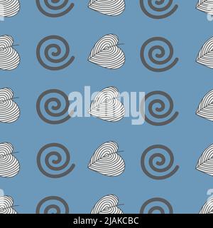Leaves and spirals in vertical lines on blue background. Stock Vector