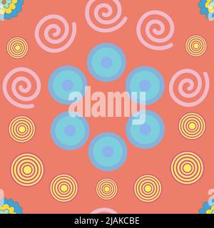 Colourful seamless pattern with geometric shapes on orange background. Stock Vector