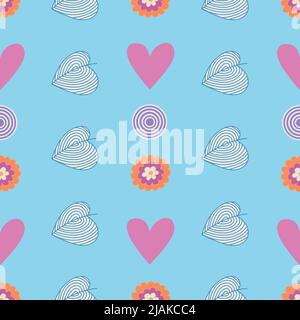 Heart, flowers and leaves shapes elements in vertical row on blue background. Seamless pattern. Stock Vector