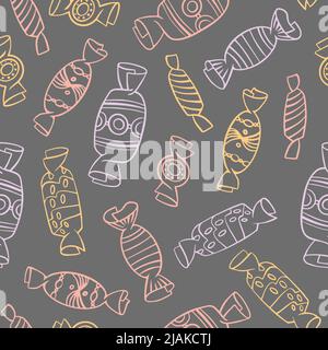 Seamless pattern with hand drawn sweets on gray background. Outline doodle candies in wrappers. Vector illustration. Stock Vector
