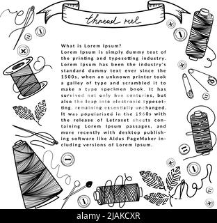 Template from a set of sewing threads, hand-drawn doodles in sketch style. Elements around text. Cross-winding of thread. Needle and pins. Needle and Stock Vector
