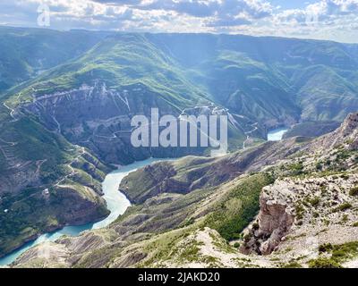 blue-green Sulak River. Sulak canyon is one of the deepest canyons in the world and the deepest in Europe. Natural landmark of Dagestan, Russia. HD Stock Photo