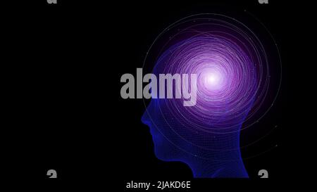 3d consciousness, mind, brain background. Abstract colored sphere in digital head. Development, neurons, network, artificial intelligence, human biology concept. High quality illustration Stock Photo