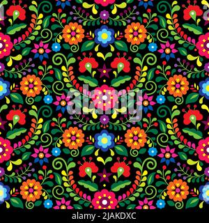 Mexican folk art vector seamless pattern with flowers, textile or fabric print design inspired by traditional embroidery ornaments from Mexico on blac Stock Vector