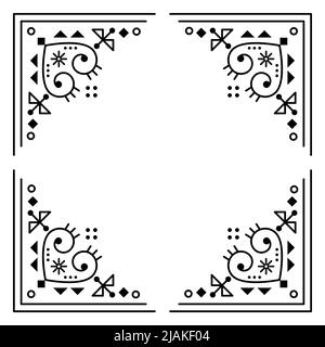 Icelandic rune folk art style tribal line art vector greeting card or invitation design with framed corners, geometric square composition with hearts Stock Vector