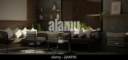 Modern contemporary coffee shop or restaurant seating area interior design with comfortable sofa, table, stylish lounge chairs, decor on brick wall an Stock Photo