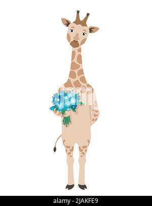 Giraffe holding bouquet of flowers. Animal in cartoon style. Stock Vector