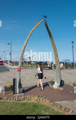 The Whalebone Arch in Whitby, North Yorkshire, England. The bone is the lower jawbone of a bowhead whale (Balaena mysticetus). Stock Photo