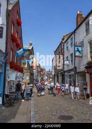 General view along Church Street in Whitby, North Yorkshire, England. Stock Photo