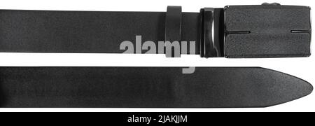 Ends of black leather belt isolated on white background Stock Photo