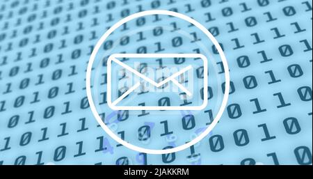 Image of envelope icon and data processing over binary coding Stock Photo