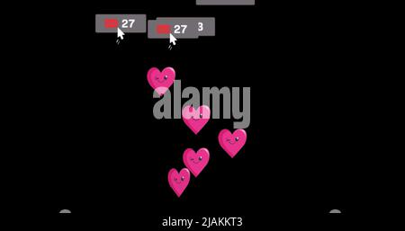 Image of hearts and social media reactions over black background Stock Photo