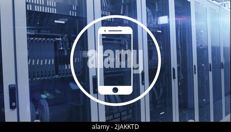 Image of smartphone icon and data processing over server room Stock Photo