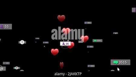Image of hearts and social media reactions over black background Stock Photo