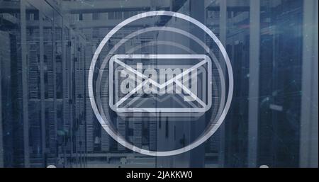 Image of envelope icon and data processing over server room Stock Photo