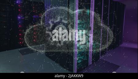 Image of cloud with cogs icon over server room Stock Photo