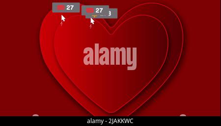 Image of hearts and social media reactions over red background Stock Photo