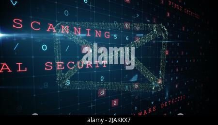 Image of data processing and envelope icon over black background Stock Photo