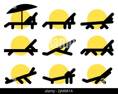 Deck chair icons set isolated on white background. Summer vacation, sunbathing. Chaise lounge with sun. Icon design for banners, posters and beach adv Stock Vector