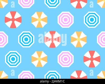Beach umbrellas top view seamless pattern. Sun umbrellas on the beach in flat style. Design for posters, banners and promotional materials. Vector ill Stock Vector