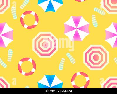 Beach umbrellas and flip flops, top view seamless pattern. Sun umbrellas on the beach with a gradient in a flat style. Design for posters, banners and Stock Vector