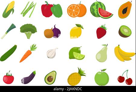 big collection of fruits and vegetables, flat design icon set, vector illustration Stock Vector