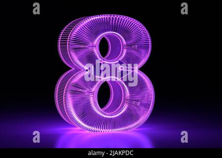 Neon glowing volumetric 3D figure eight. Purple. Digital design. 3D render. Stock Photo
